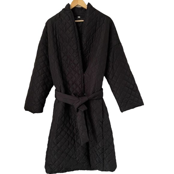 Women Wrap Long Padded Coat Oversize Large L Black Tie Adjustable Pockets - Picture 5 of 15